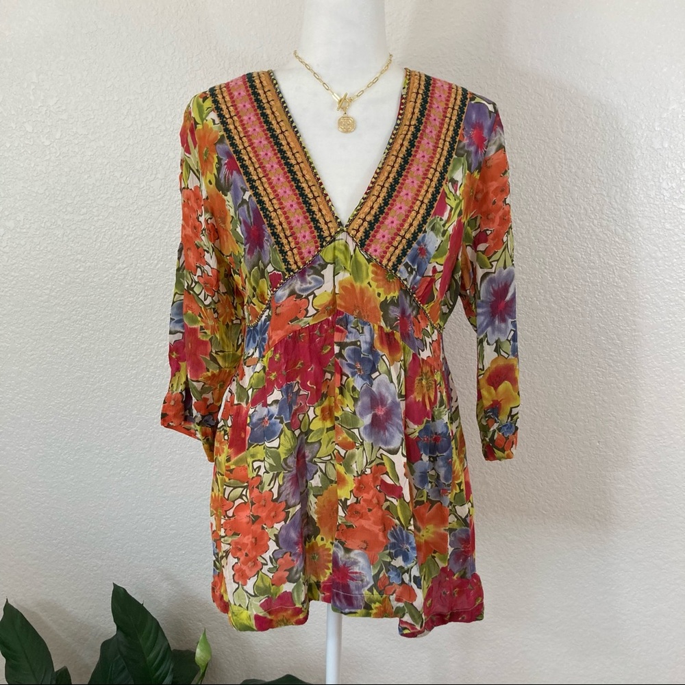Johnny Was Floral Embroidered Boho Tunic Top